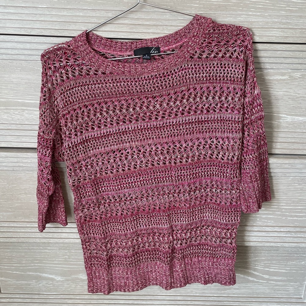 Womens Liv small open crochet 3/4 sleeve summer beach top shirt coverup pink